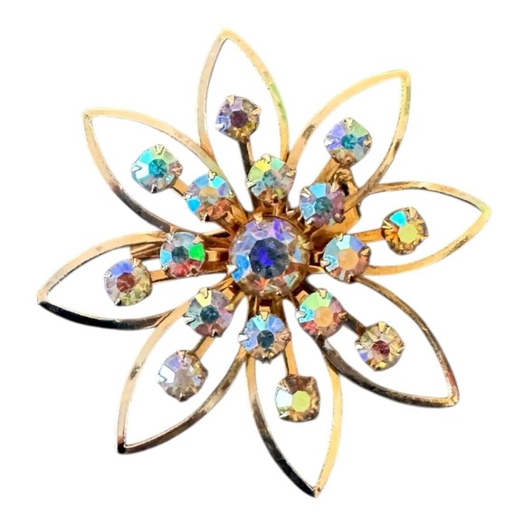 The Unbranded Brand Jewelry - Vintage Atomic Flower Star Brooch AB Prong Set Rhinestones Gold Tone Floral Pin
